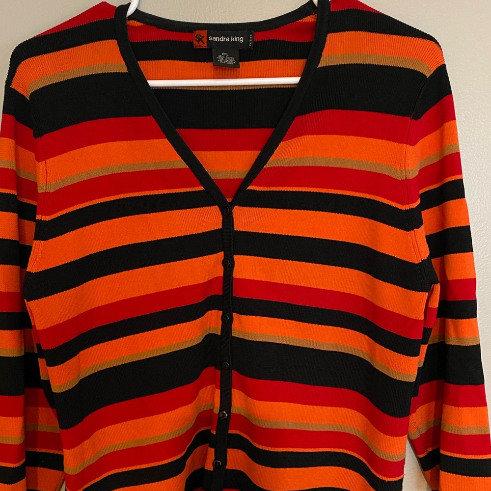 Sandra King, orange, black striped button up sweater women’s size‎ petite large